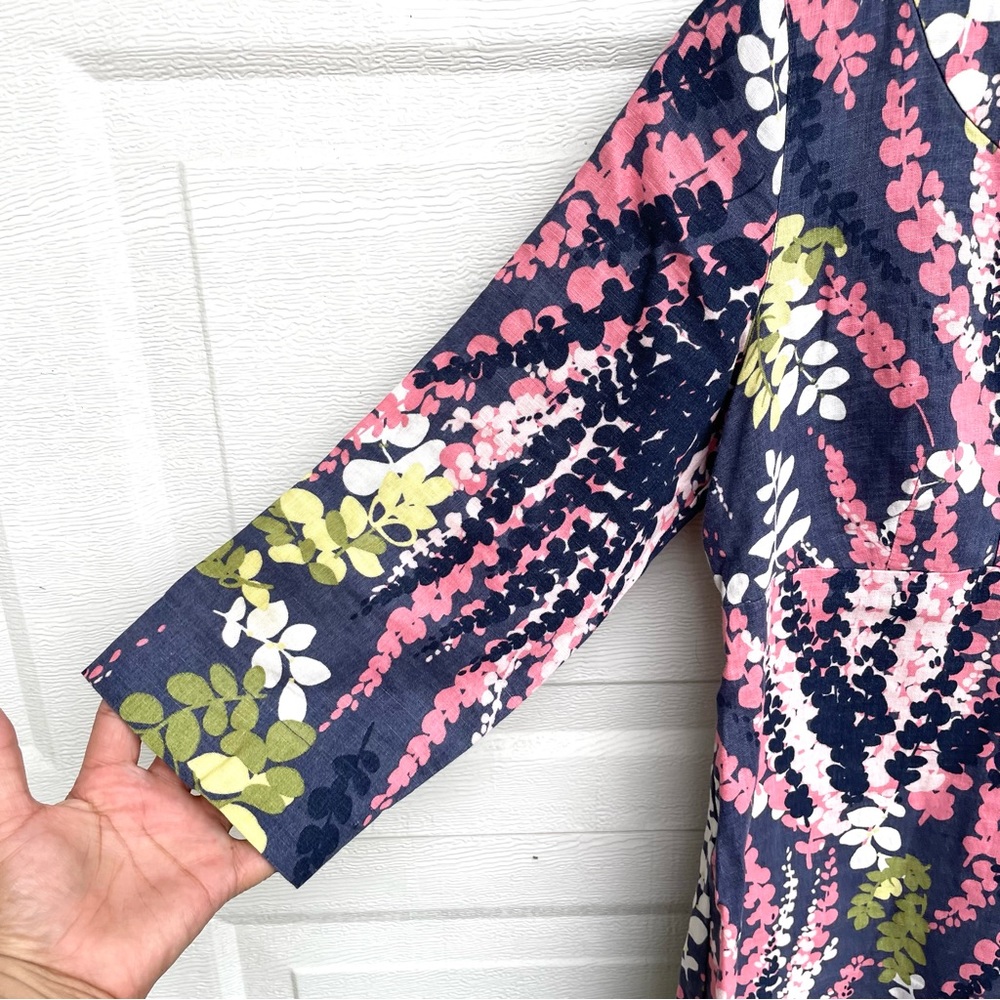 Boden Womens Dress Blue Pink Multi Floral Linen Split V Neck 3/4 Sleeve Size 10 - Picture 6 of 11